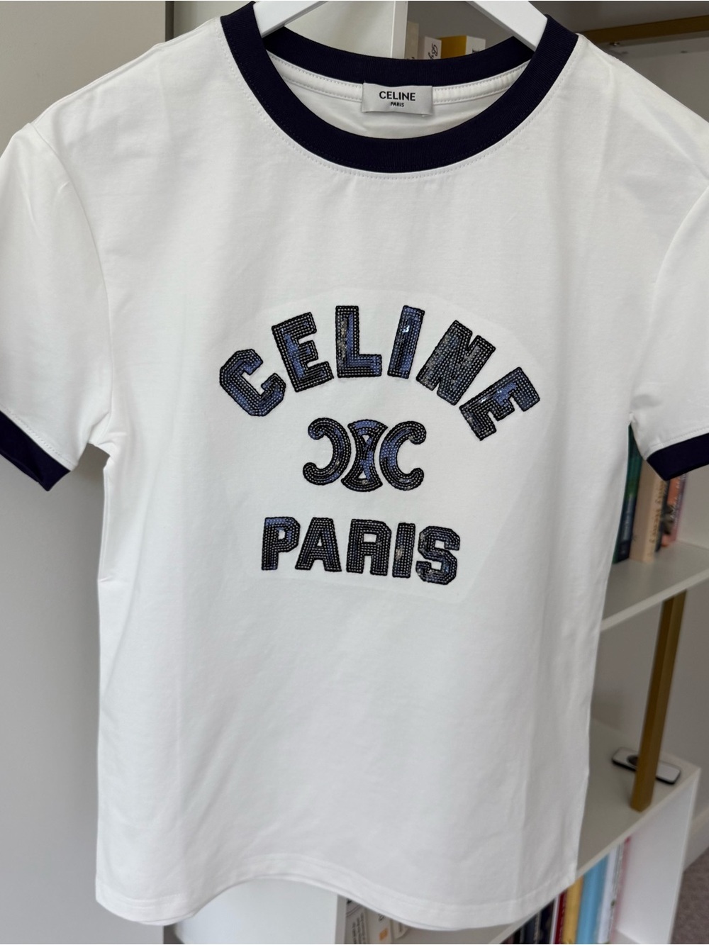 Celine White Tee with Navy Logo Ringer